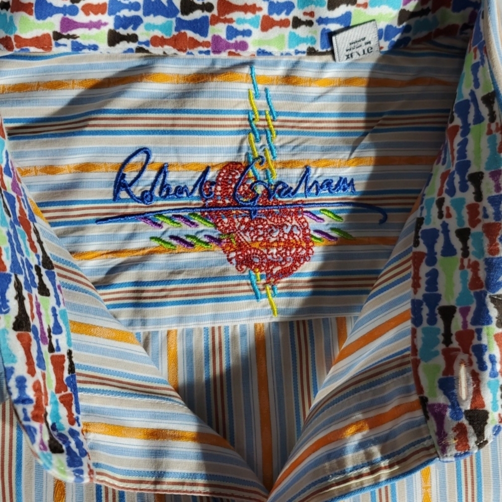 Robert Graham Mens XL Chess Themed Flip Cuff Multicolor Abstract Shirt